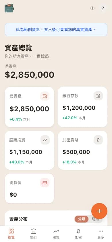 錢包地圖的資產總覽儀表板，顯示淨資產、各類別金額與資產分布圓餅圖