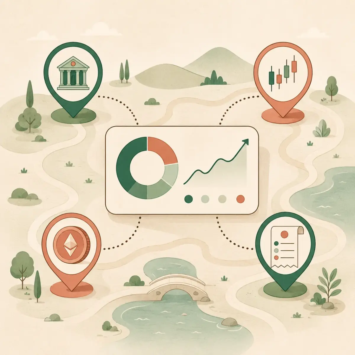 An illustrated map of your assets — bank accounts, stocks, crypto and budget gathered into one personal dashboard